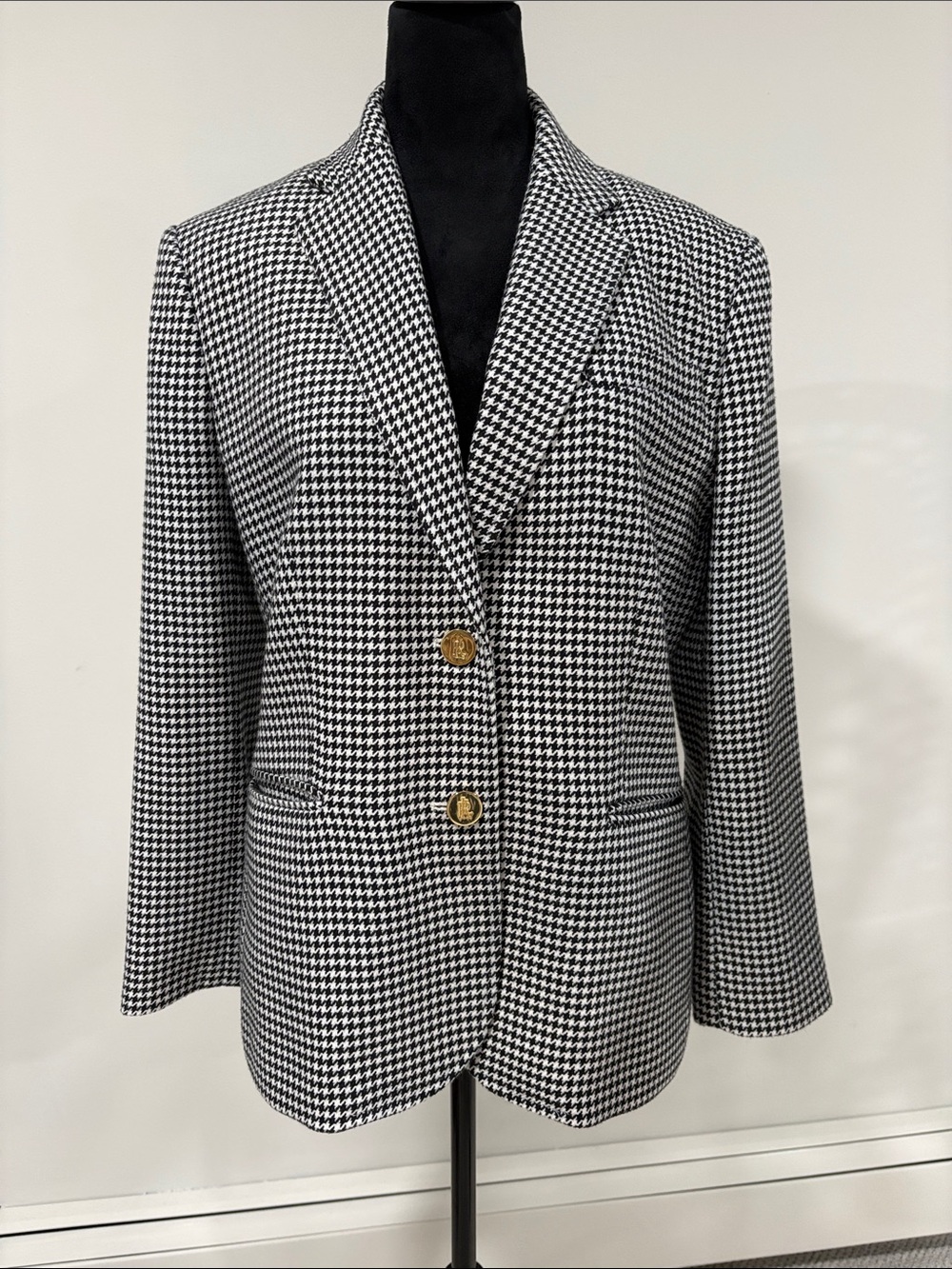 Lauren Ralph Lauren Black and White Houndstooth Blazer with Gold Buttons